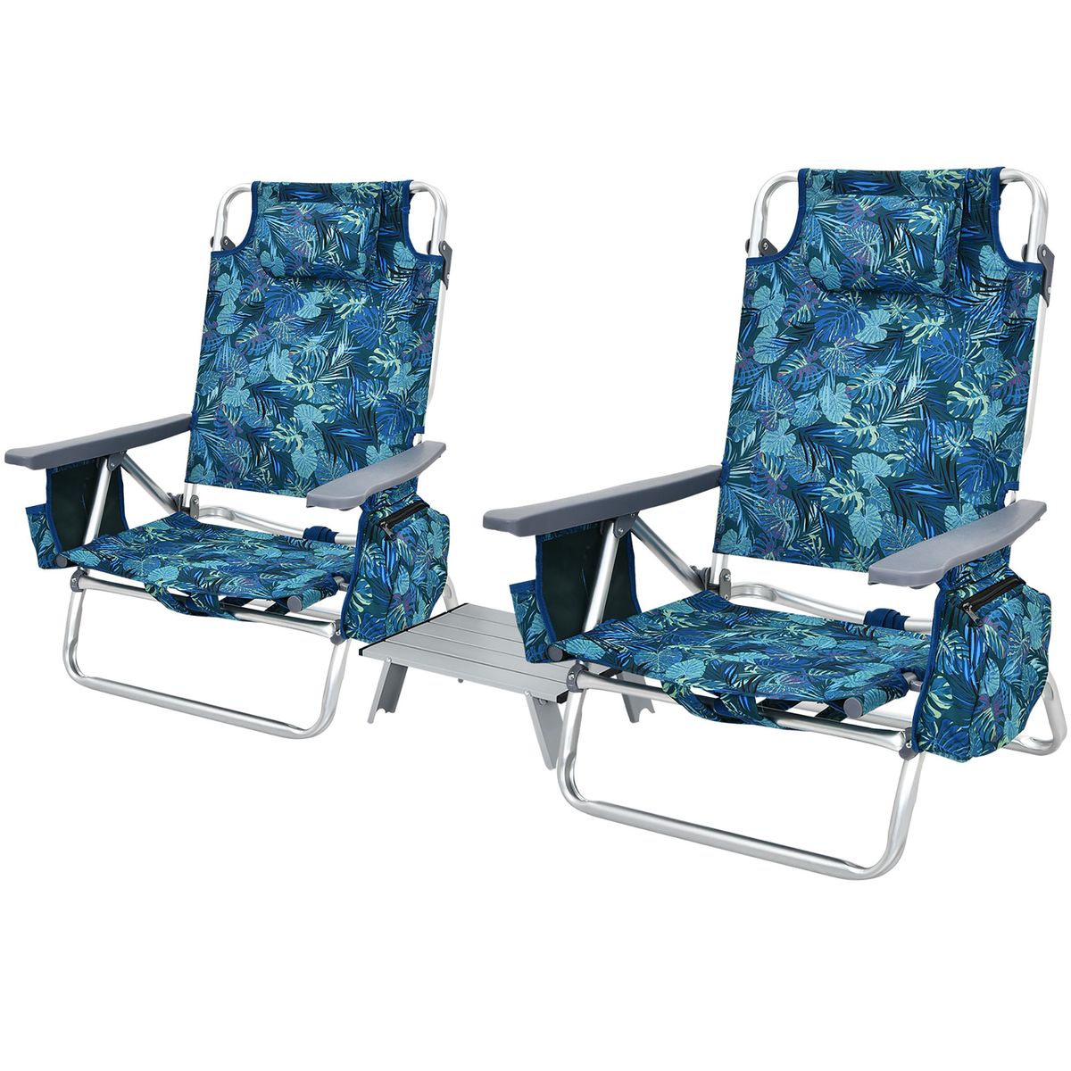 Adjustable Folding Backpack Beach Chairs and Table Set  - Blue Leaves