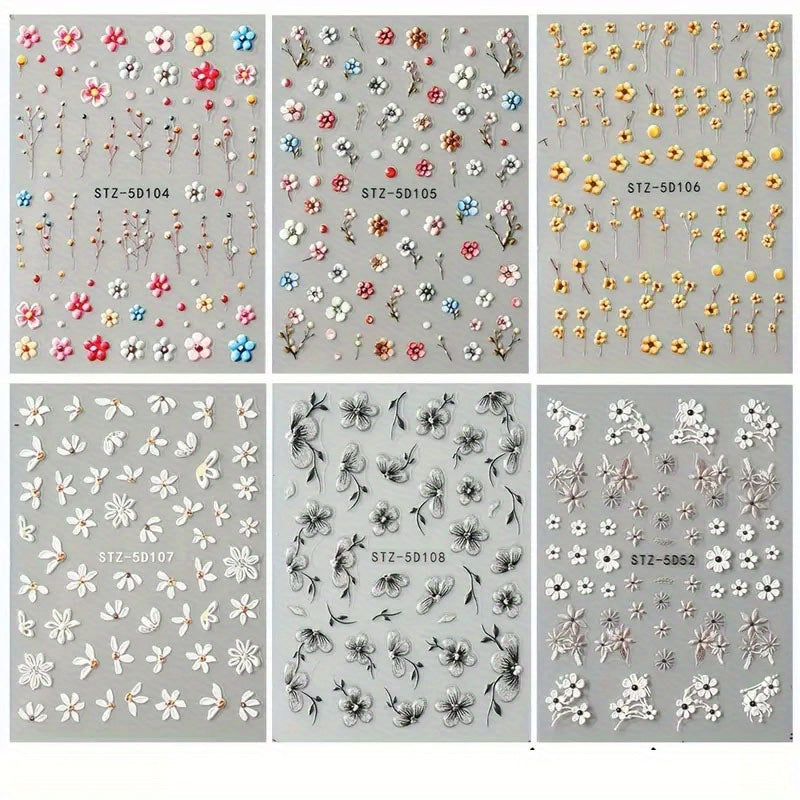 TEMU 6pcs 5d Embossed Daisy Nail Art Sticker Set -shimmering 3d Acrylicmulticolored Sand- , Self-adhesive Decals For Women &, Dly Manicure Glam Kit