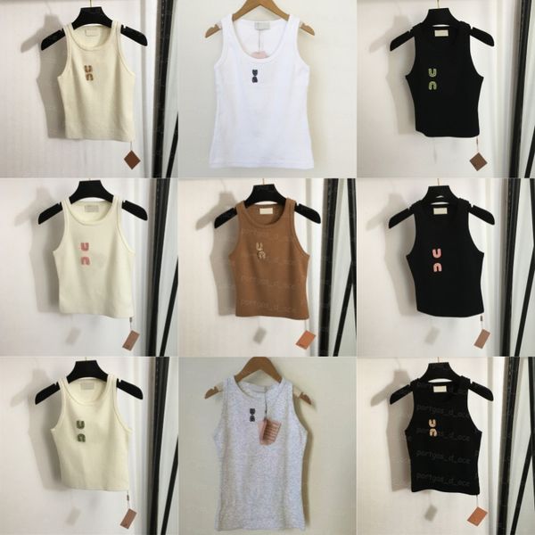 Brand Women Knits Shirt Luxury Sleeveless Knitted Tank Tops Summer Casual Daily Tanks Round Neck Stretchy Knitwear Designer Rhinestone Singl