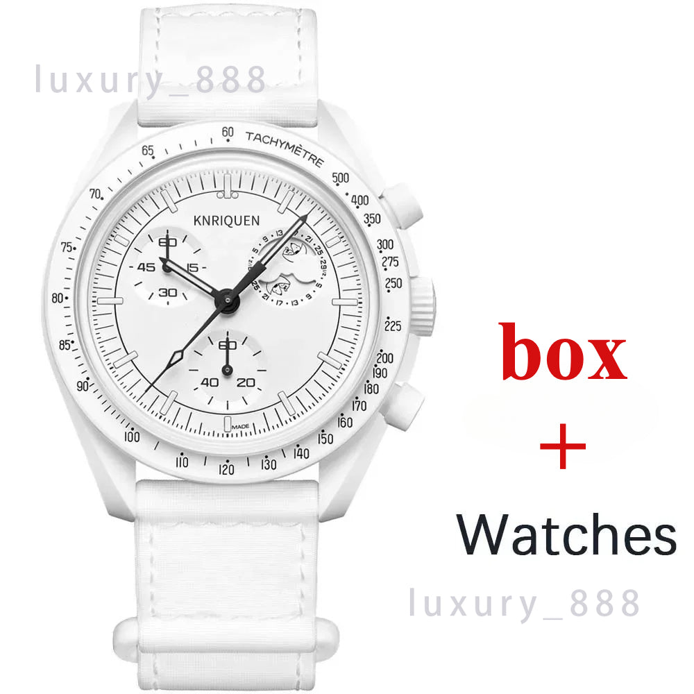 2024 Hot Sale Newly White Watches For Mens Luxury Wristwatch Plastic Case Chronograph Moon Watch with box Explore Planet Quartz Colorful Male Clock