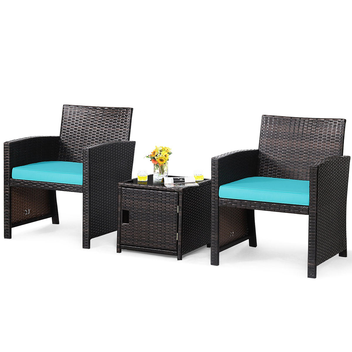 3-Piece Patio PE Rattan Conversation Bistro Furniture Set with Waterproof Covers - Patio Furniture Set TU