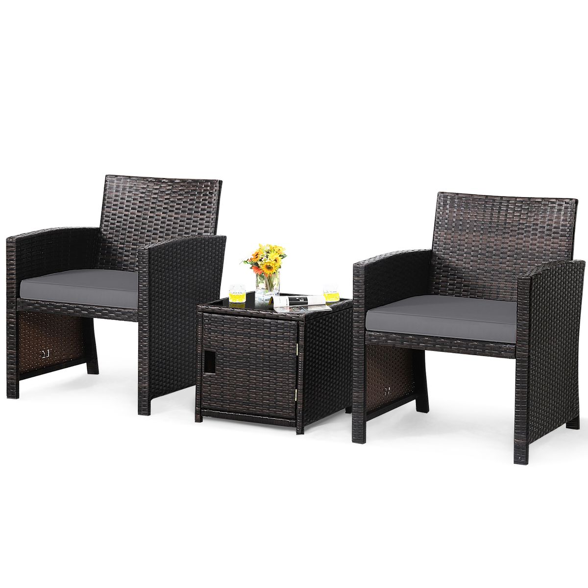 3-Piece Patio PE Rattan Conversation Bistro Furniture Set with Waterproof Covers - Patio Furniture Set GR