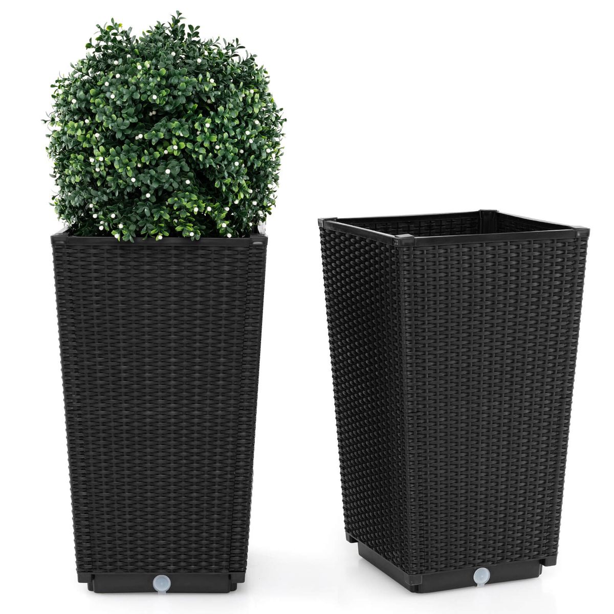 23-Inch Tall Rattan Wicker Planters (Set of 2) - Wicker Plant Pot-Black