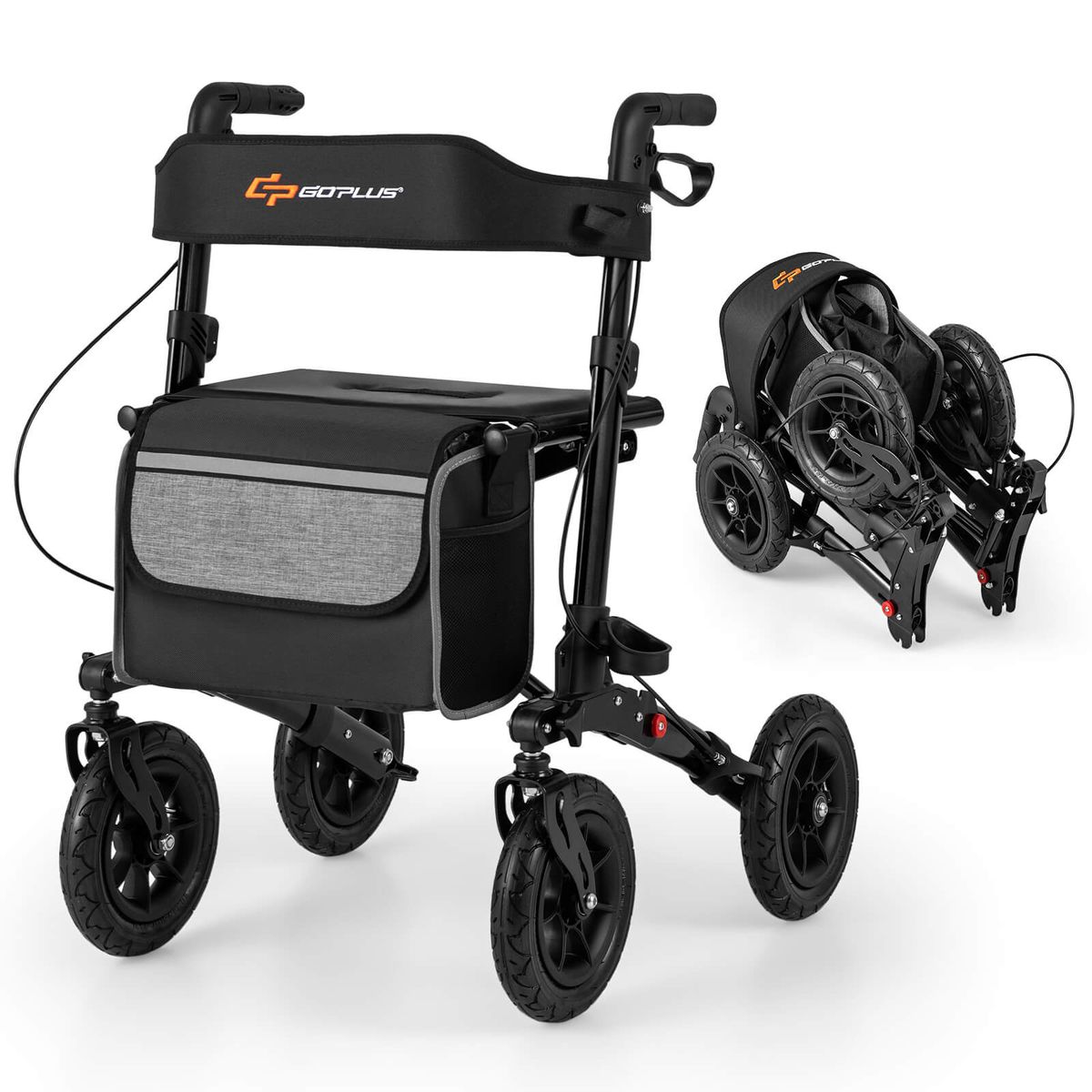 Folding Walker with 9" Pneumatic Tires and Adjustable Handle Height - Black