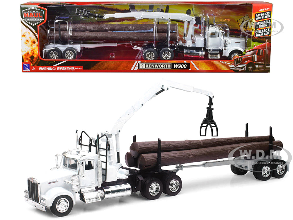 Kenworth W900 Log Hauler with Grabber White with Log Accessories "Long Haul Trucker" Series 1-32 Diecast Model by New Ray