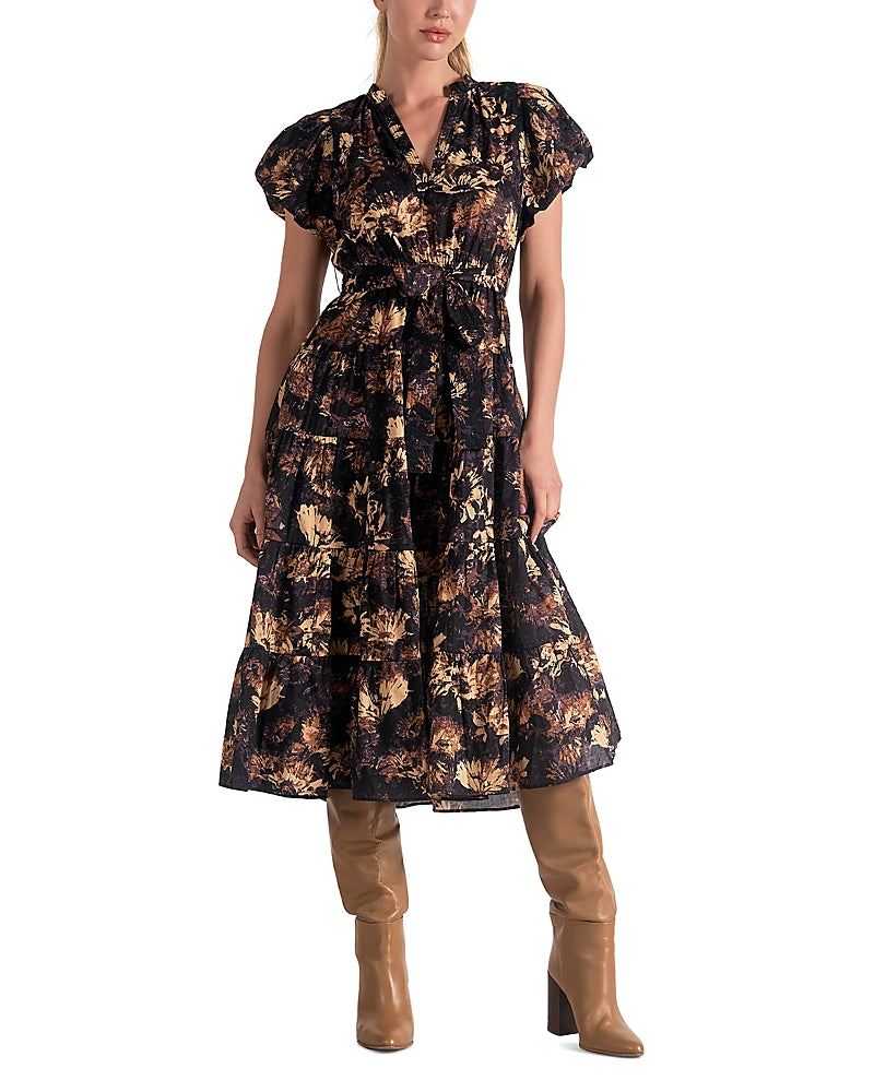 Elan Printed Bubble Sleeve Midi Dress