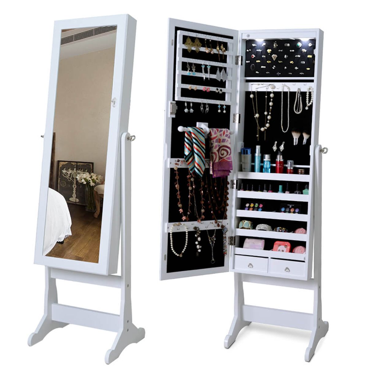 Lockable Mirrored Jewelry Cabinet Armoire Organizer - Costway Mirrored Jewelry Cabinet-White