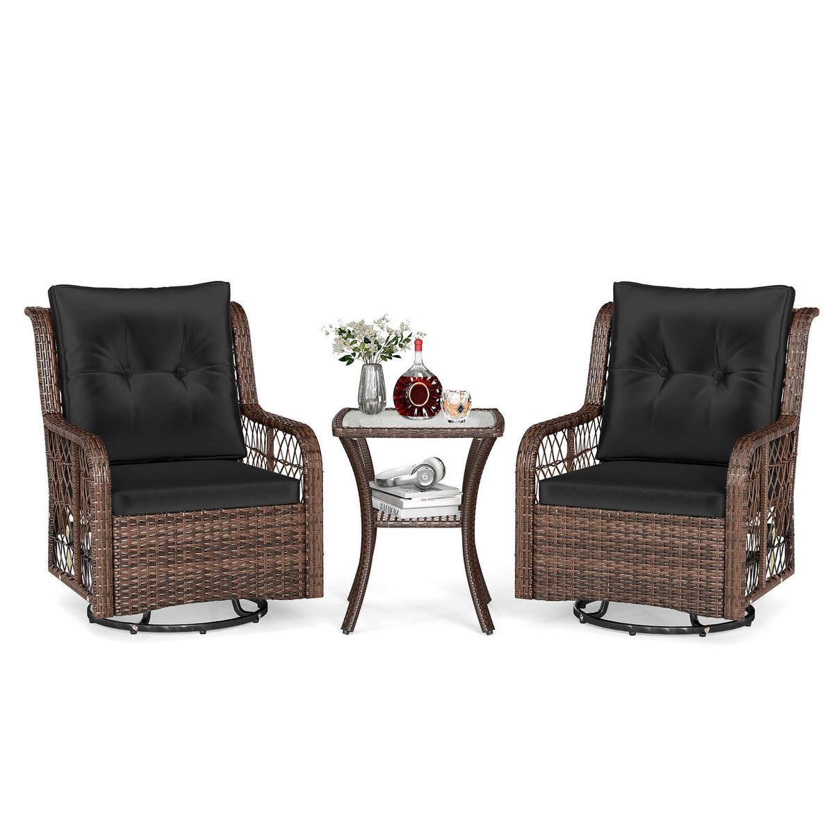 3-Piece Patio Furniture Set with 2-Tier Side Table and Cushions - Black