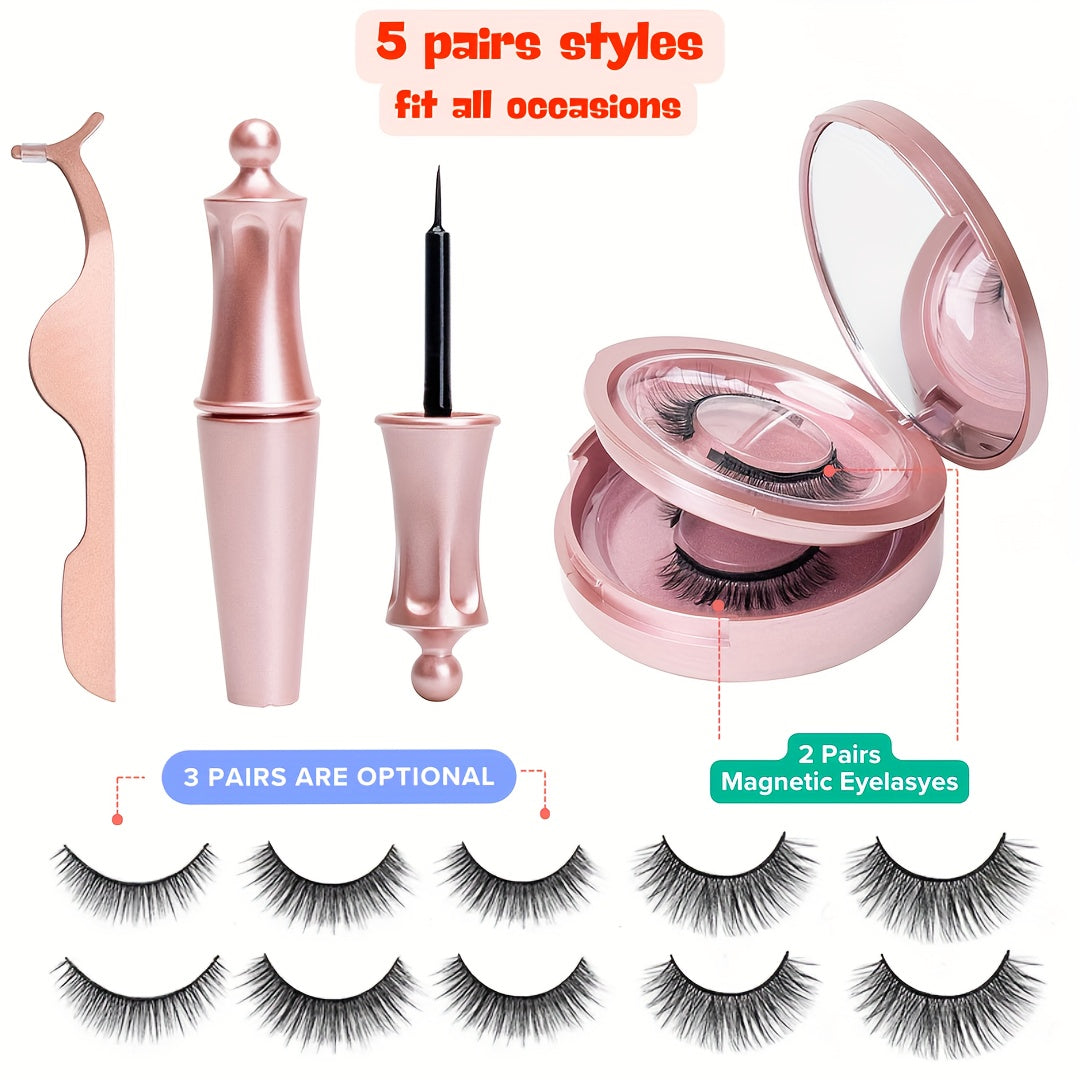 TEMU 5 Pairs 3d Reusable False Eyelashes Set With Magnetic Eyeliner-1 Tube Of Magnetic Eyeliner - Styles For Doll, Cat Eye, Cosplay, Natural, Anime