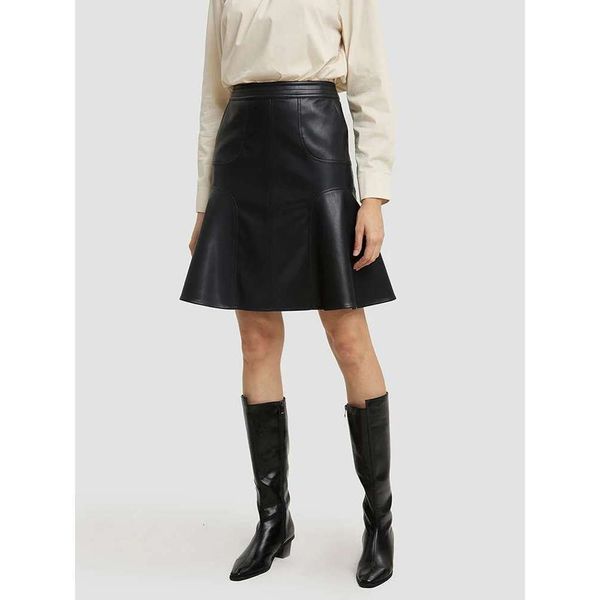 Women Matte Faux Leather Elegant Pleated A-e Skirts Party Ladies High Waist PU Splicing Knee Length Skirt Clubwear
