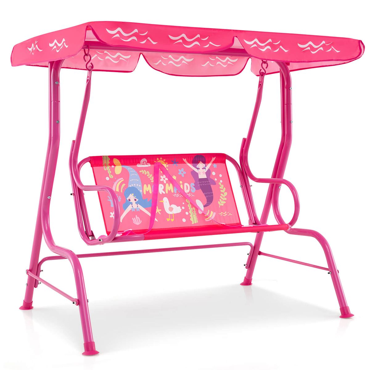 2-Seat Toddler Porch Swing with Metal Stand and Adjustable Canopy - Porch Swing-Pink
