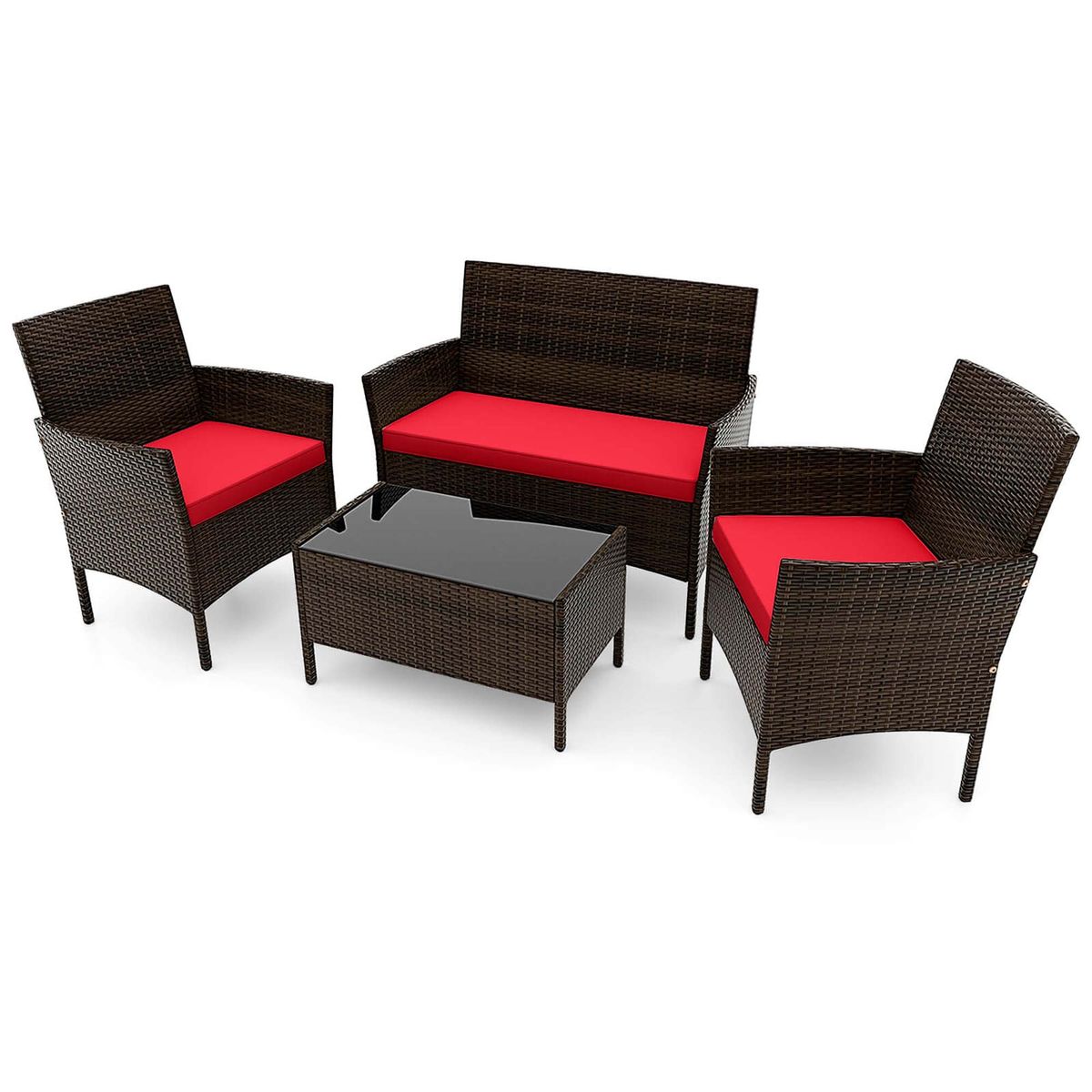 4-Piece Patio Rattan Conversation Set (8 Colors) - Patio Furniture Set-Red