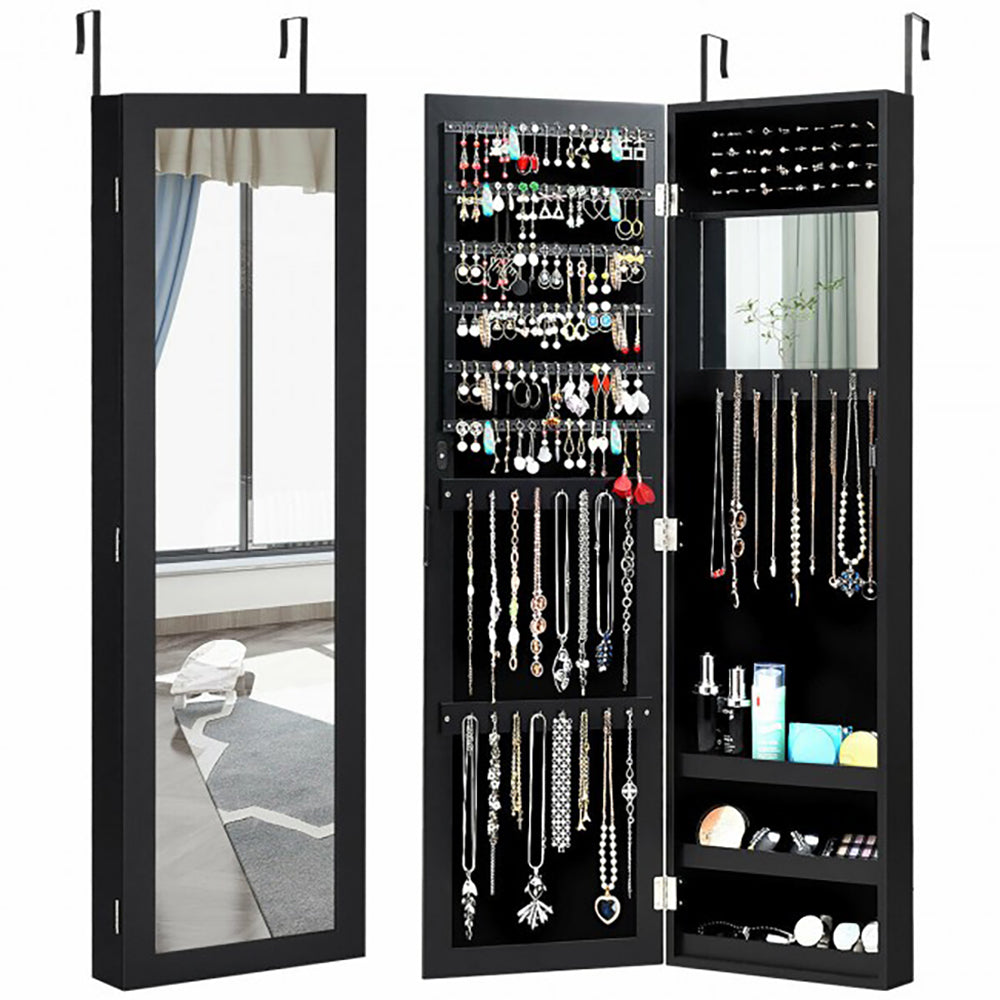 Wall or Door Mounted Mirrored Jewelry Cabinet - Black