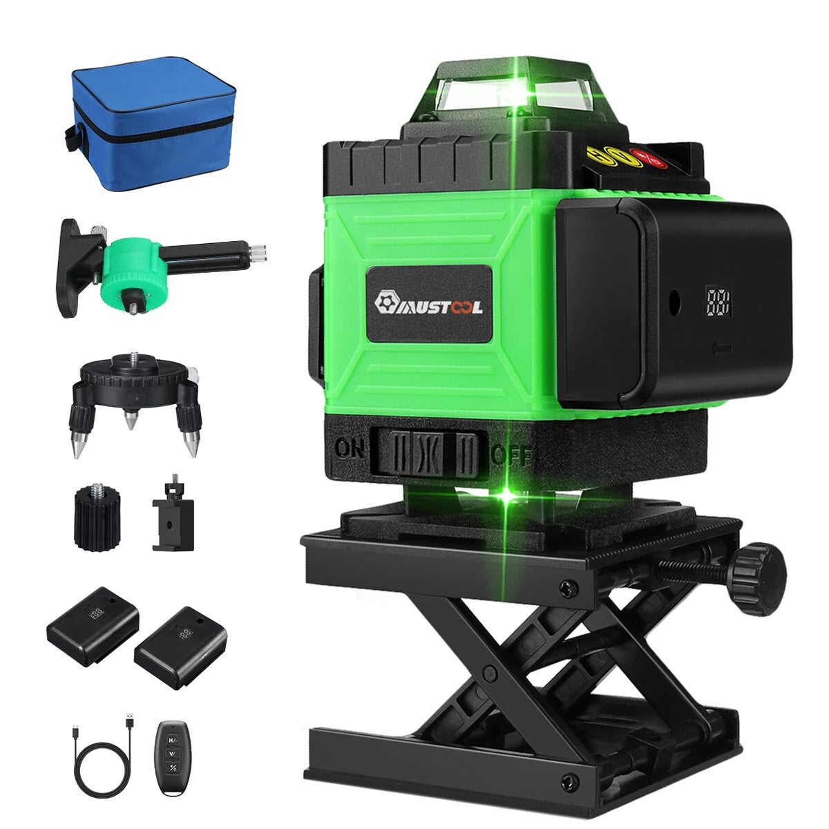 MUSTOOL 4D 16 Line Green Laser Level IP54 Self-Leveling 4000mAh Battery Touch Screen for Indoor-Outdoor Construction