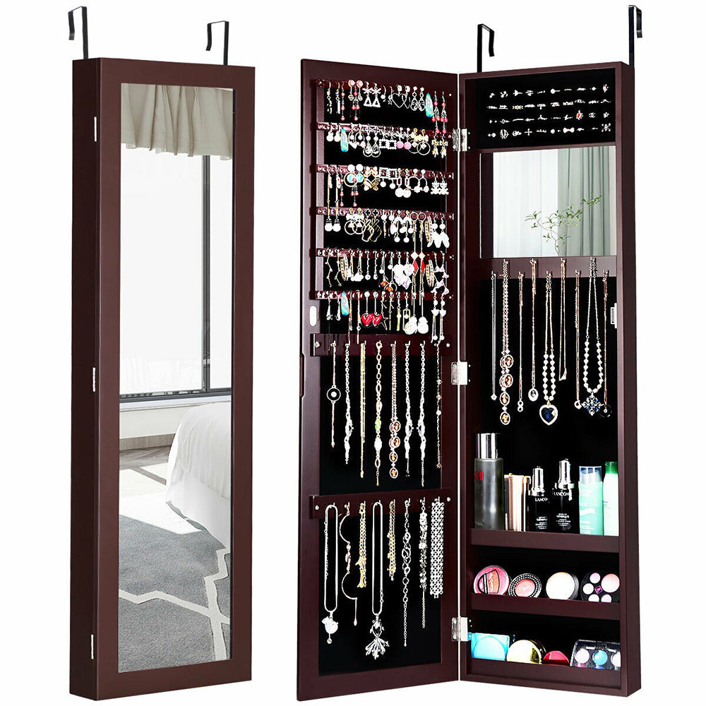 Wall or Door Mounted Mirrored Jewelry Cabinet - Reddish Brown
