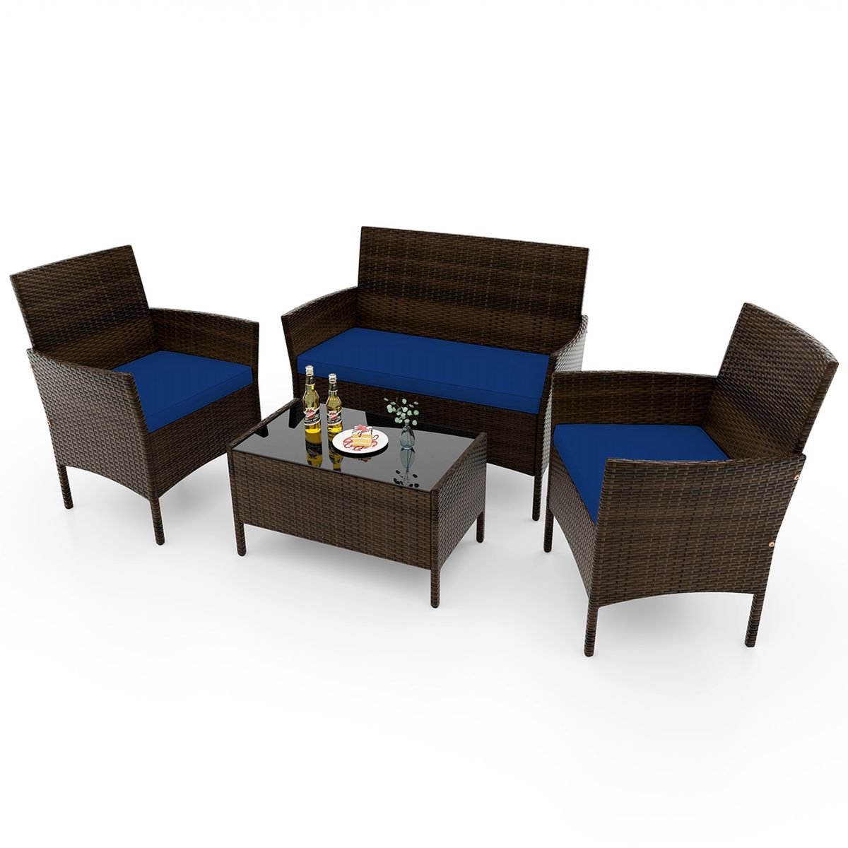 4-Piece Patio Rattan Conversation Set (8 Colors) - Patio Furniture Set-Navy
