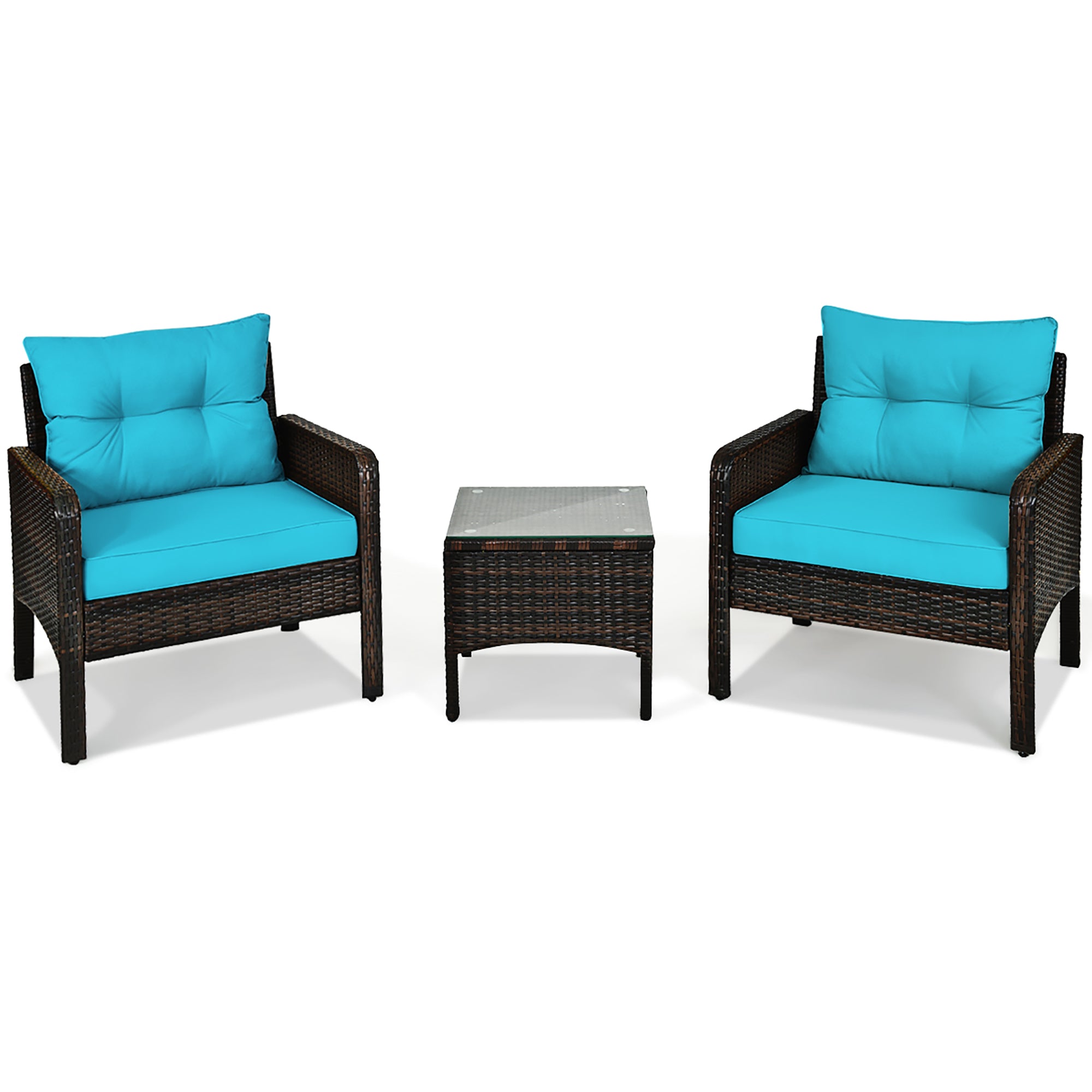 Cushioned Rattan 3-Piece Patio Furniture Set - Rattan Set- Turquoise
