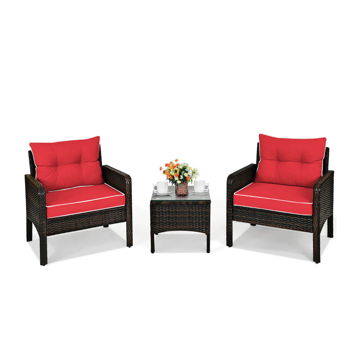 Cushioned Rattan 3-Piece Patio Furniture Set - Rattan Set- Red