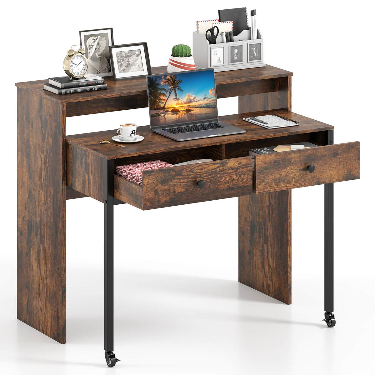 39.5" Expandable Rolling Computer Desk with Monitor Shelf - Brown