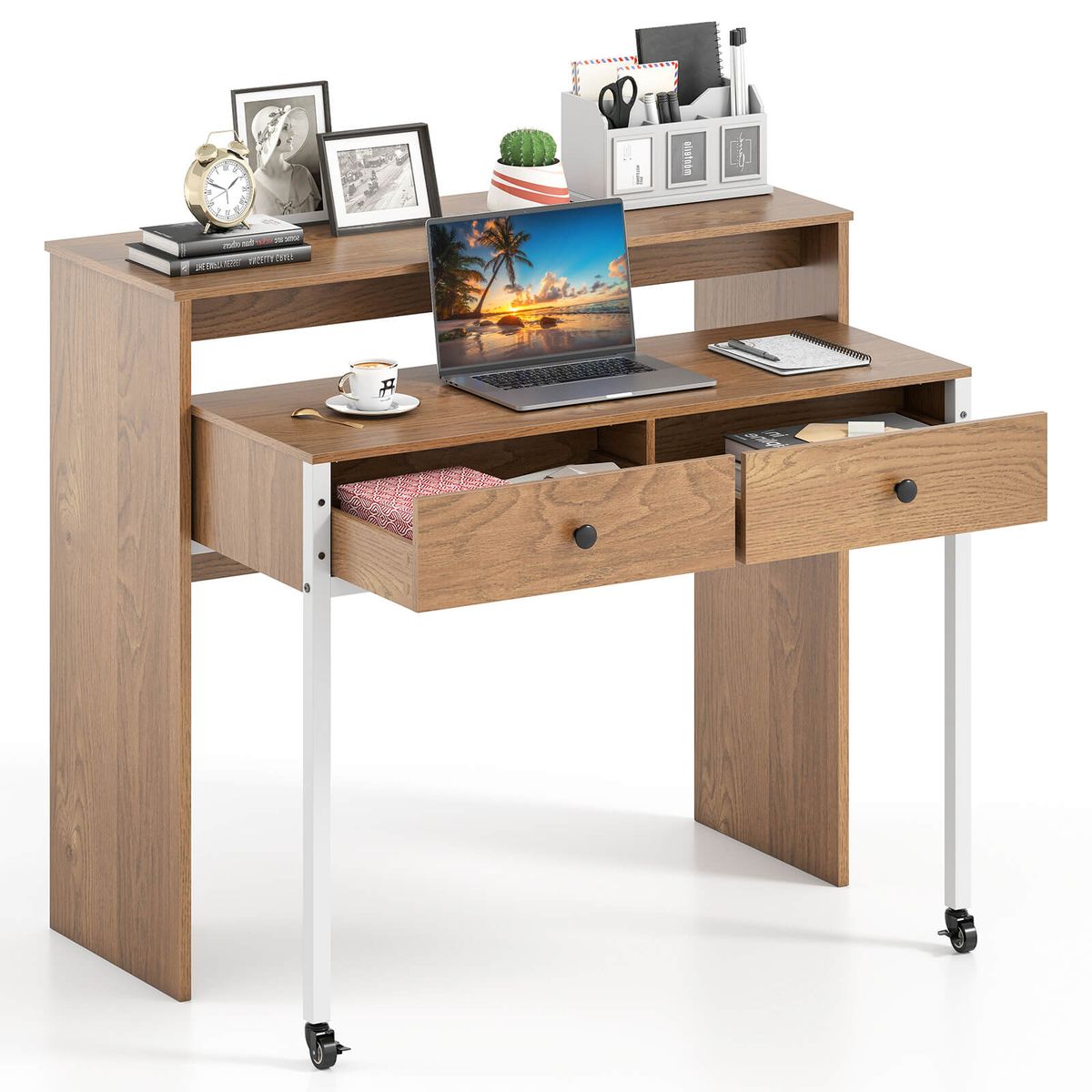 39.5" Expandable Rolling Computer Desk with Monitor Shelf - Natural