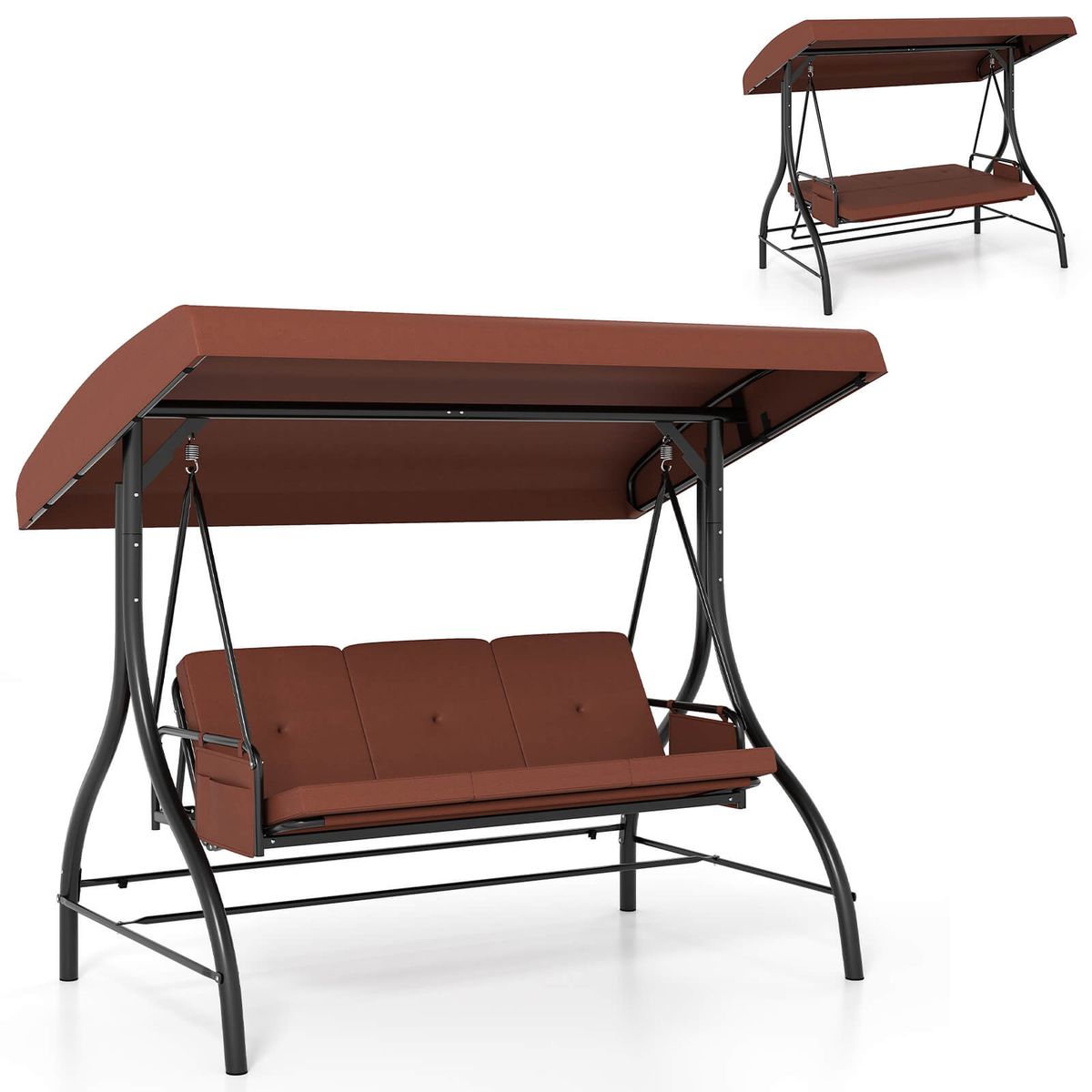 3-Seat Patio Swing with Canopy with Removable Cushions and Side Pocket - Brown
