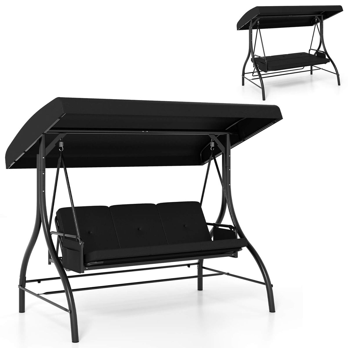 3-Seat Patio Swing with Canopy with Removable Cushions and Side Pocket - Black