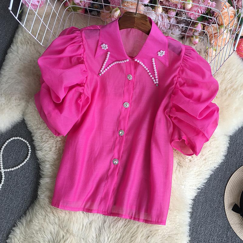 Women&#039;s Blouses Korean Chic Blouse Turn-down Collar Shirts Women Shirt Beading Tops Female Casual Puff Sleeve Y2K Blusas Drop