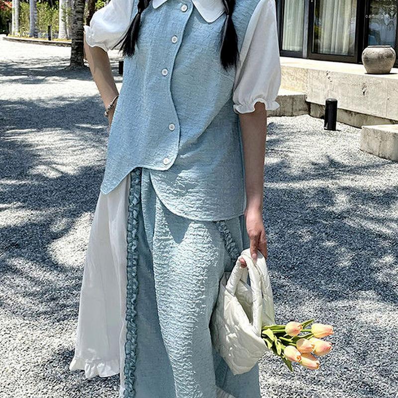 Work Dresses Hstar 2 Piece Sets Women Retro Sweet Korean Style Ruched Simple Turn Down Collar Student Summer Stylish Lovely Vintage Female