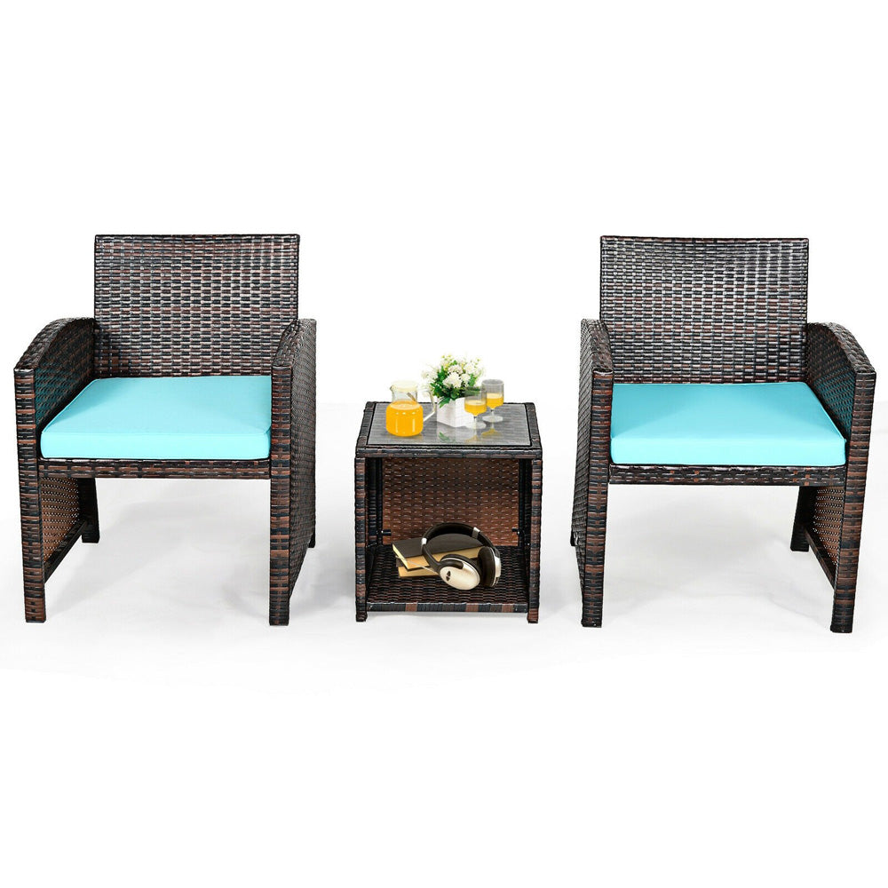 Rattan 3-Piece Outdoor Chairs and Table Set - Turquoise