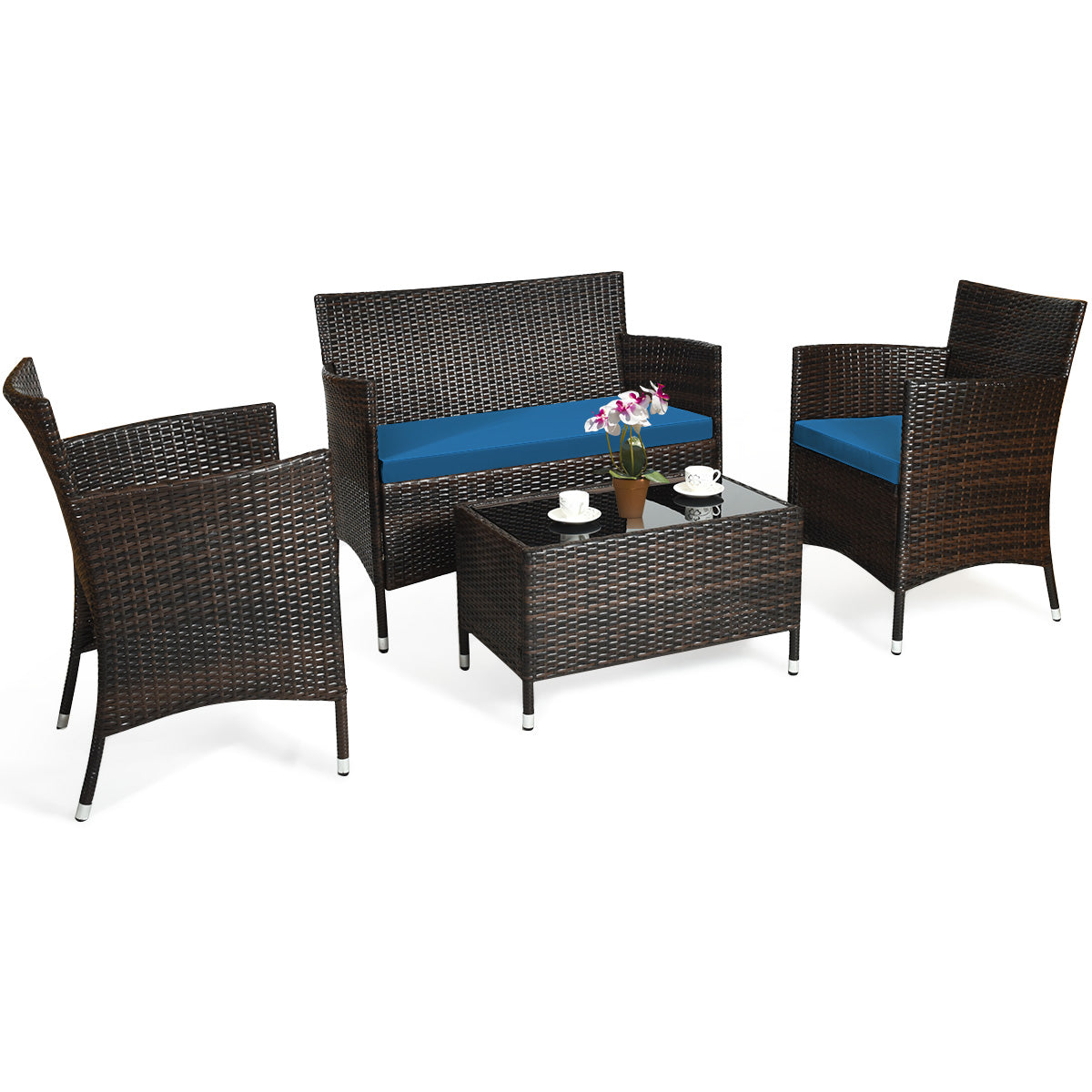Rattan Outdoor 4-Piece Patio Furniture Set - 4PCS Sofa Set Navy