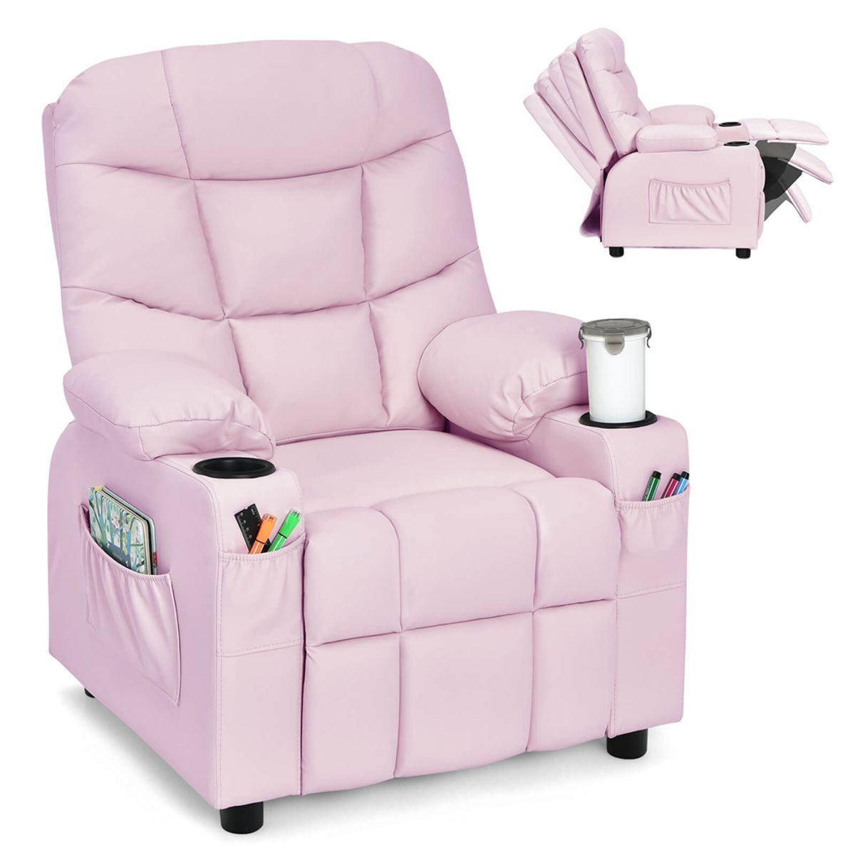 PU Leather Kids Recliner Chair with Cup Holders - Recliner Chair PINK