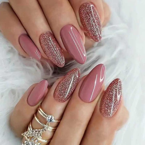 24pcs Solid Bean Pink Almond Glitter Medium Long Nails Press on False Nails with Glue Reusable Woman Artificial Fake Nail TipsXJ241025