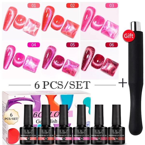 AWStorG 6PcsSet Diamond Red Magnetic Gel Nail Polish Reflective Glitter Laser Colorful Cat 241230