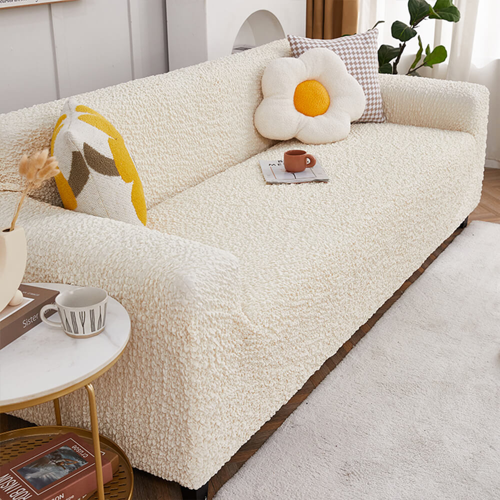 All-Season Cloud Bubble Textured Stretch Full-Cover Couch Cover, Cream - 3-Seater