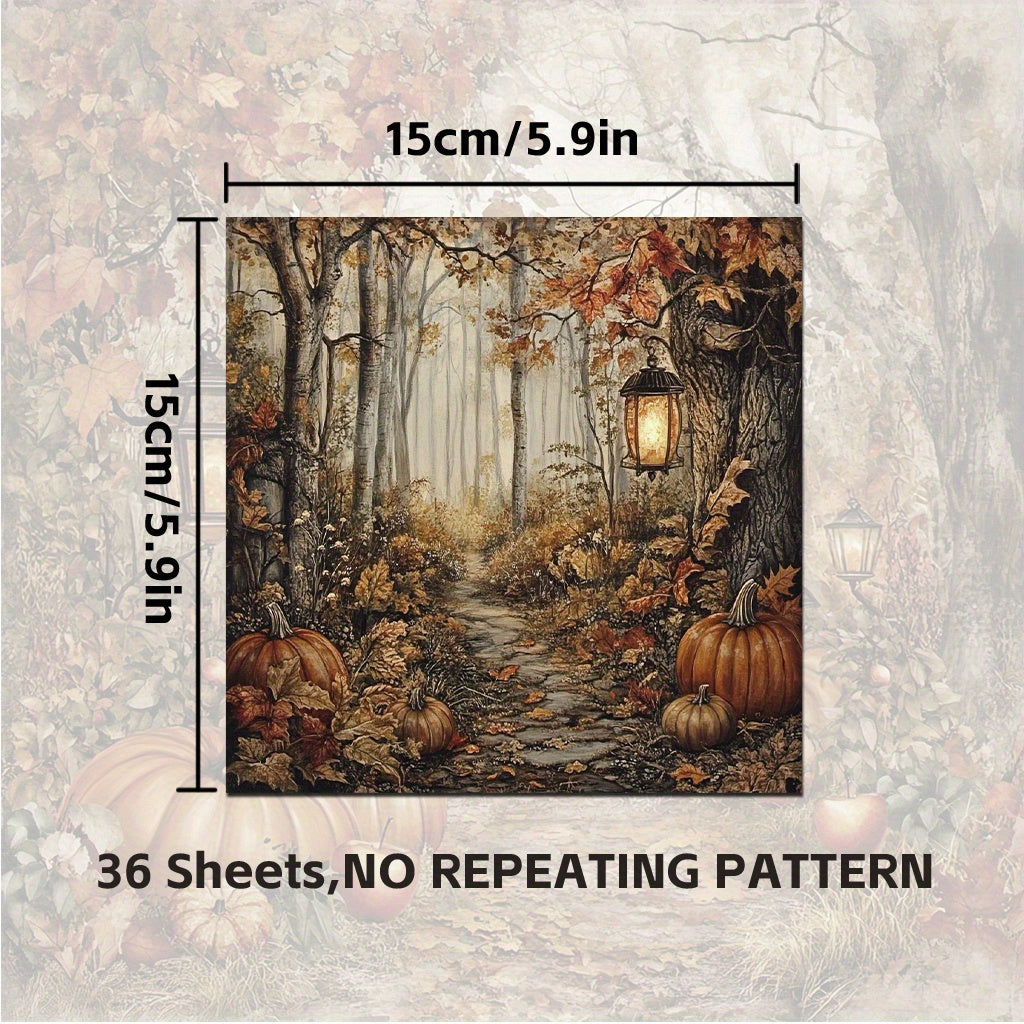 TEMU 36 Sheets Vintage Forest Harvest Scrapbooking Paper - Autumn Country Style Diy Crafting Material With Pumpkins, Lanterns, & - Junk Journaling,
