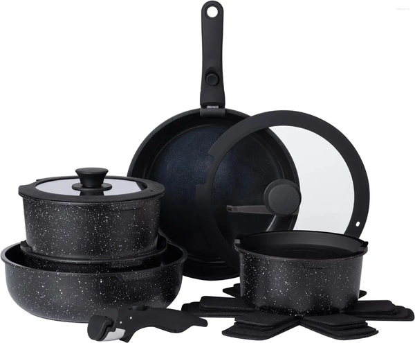 Cookware Sets 13 Piece Pots And Pans Set - Safe Nonstick Kitchen With Removable Handle RV Oven (Black)