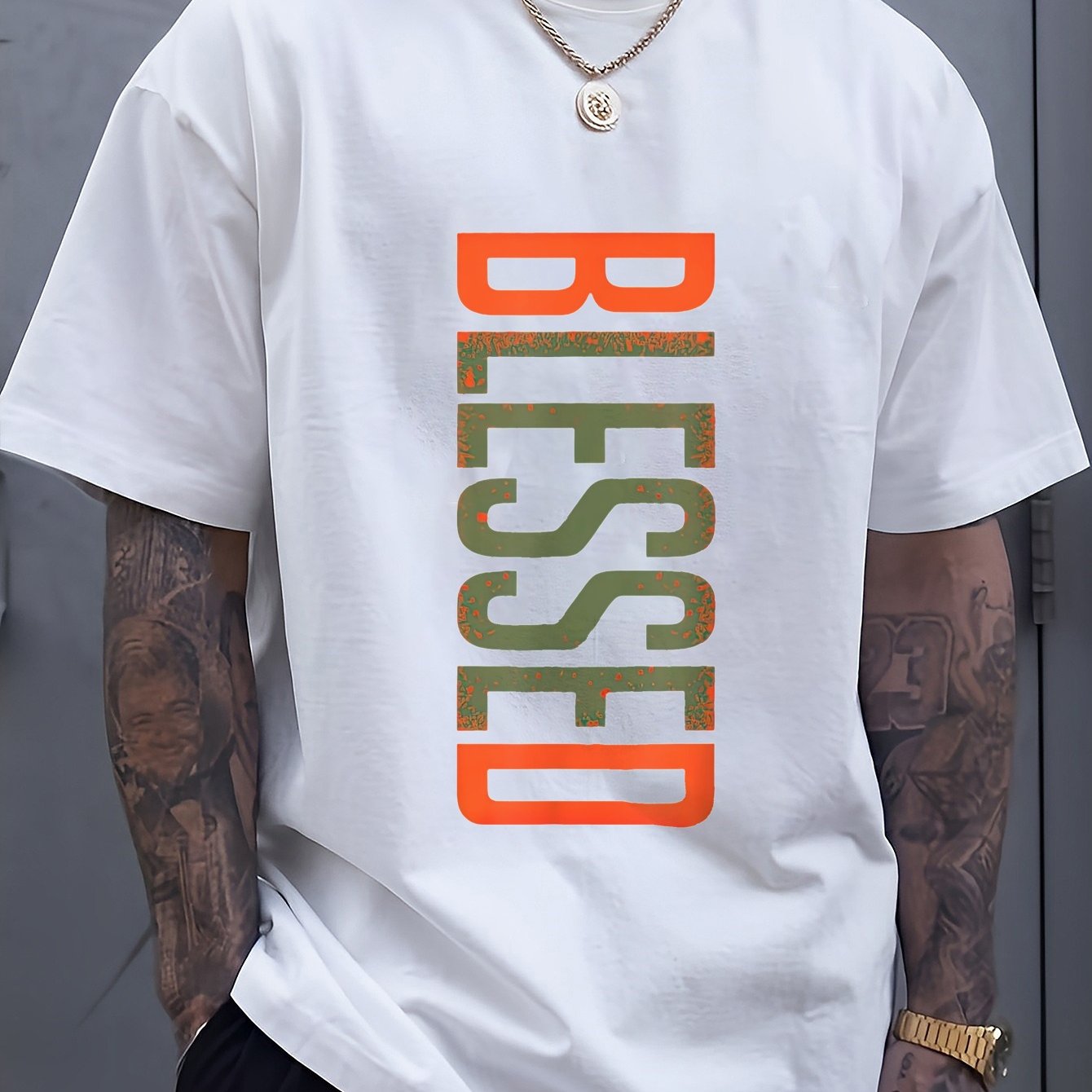 TEMU Men's Plus Size Blessed 3d Printed T-shirt - Geometric Lettering, Fit, Machine Washable Casual Short Sleeve Tee For Casual Attire, Leisure