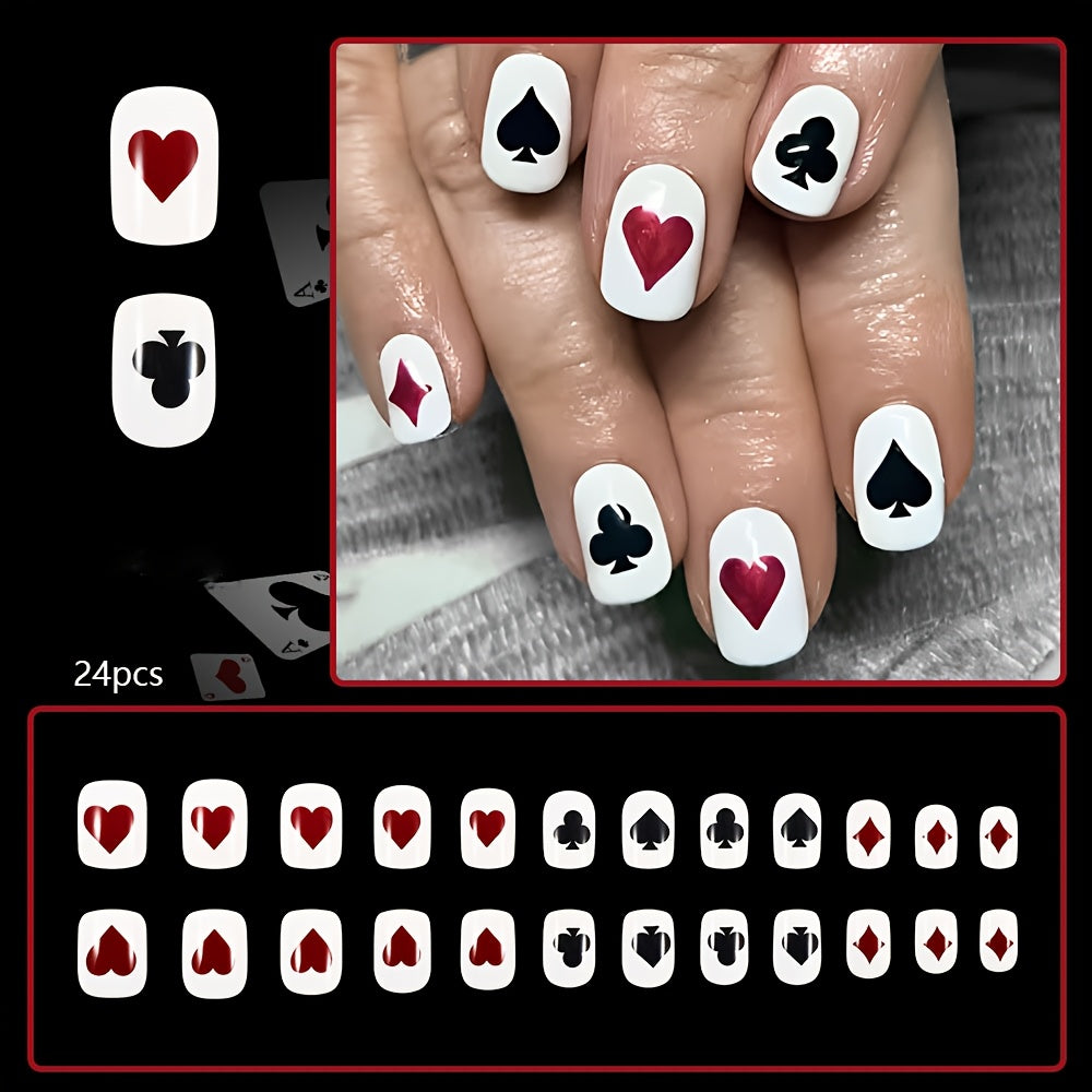 TEMU 24pcs Valentine's Day Red Heart & Spade Nail Stickers - Short Press-on Nails For, Glossy Square Shape, Mixed , -themed Manicure Kit, Valentine's