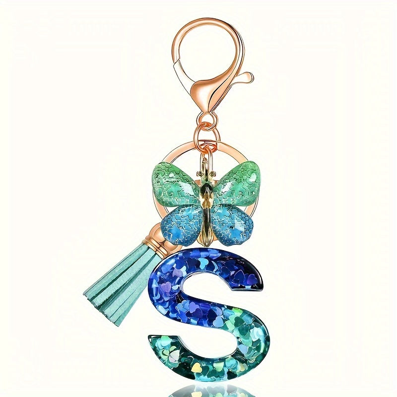 TEMU Chic Gradient Alphabet Keychain With Sparkling Sequins & Tassel - Resin Letter Charm For Bags, Backpacks & Car Keys - Perfect Women's Fashion