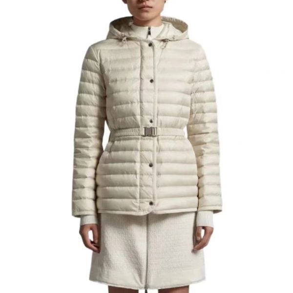 SS24 Womens Down Jacket Medium Long Slim jacket Ultra Light coat Belt Hoodie Outerwear Detachable Scannable