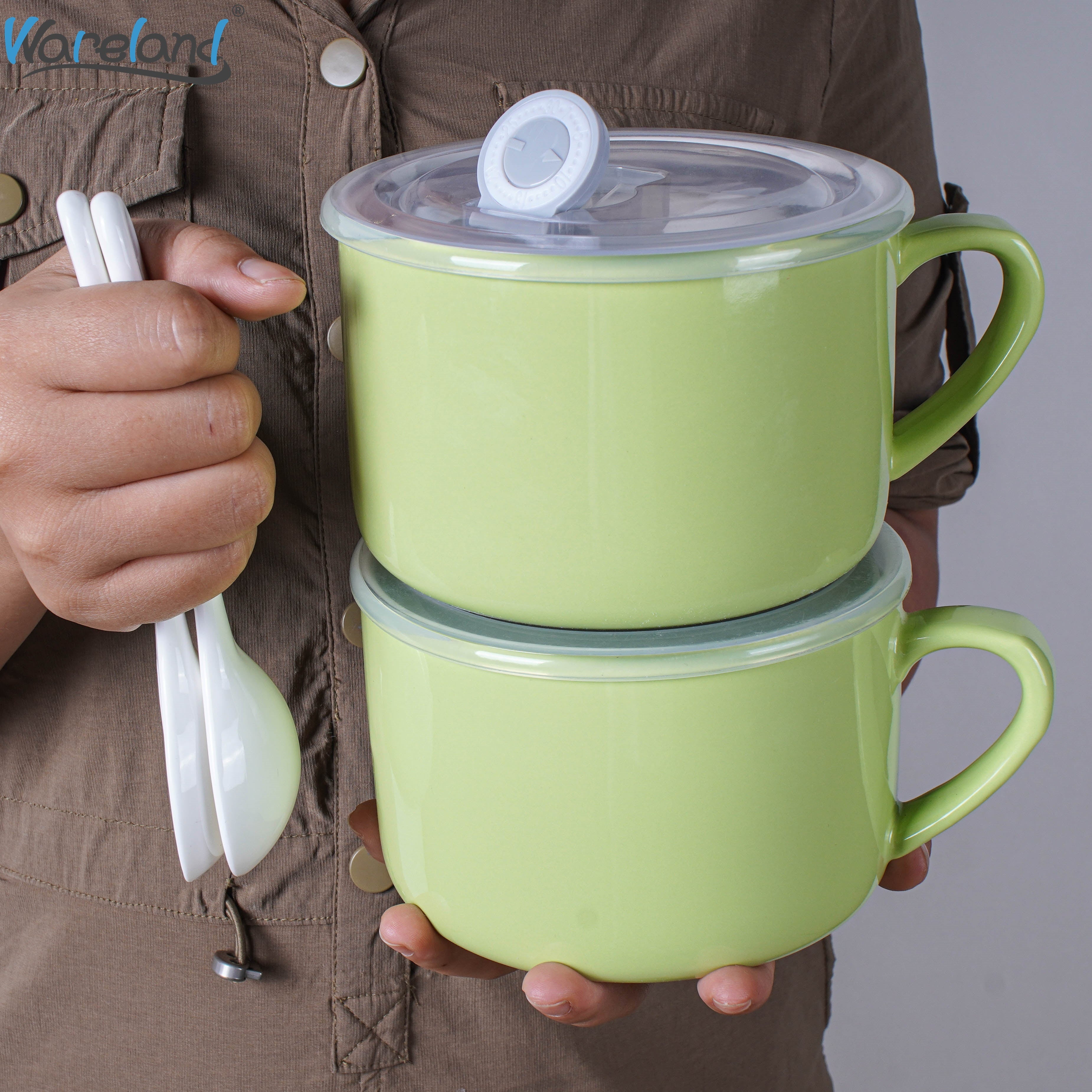 TEMU 6pcs Ceramic Soup Bowls With Handles & Spoons, 30oz Large Ramen Bowls With Lids, Microwave Safe Noodle Bowls, Bowls For Oatmeal, Salad, Soup