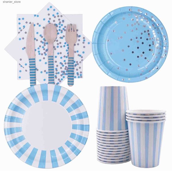 Disposable Dinnerware 8pcs High-quality Spotted Striped Disposable Tableware Blue Plates Cup Happy Birthday Party Decor Kids Boy 1st Baby Bo