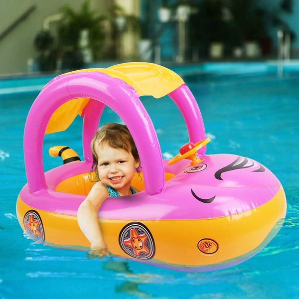 Baby Inflatable Pool Float Car Shaped Toddler Swimming Float Boat Pool Toy Infant Swim Ring Pool with Sun Protection CanopyC250108