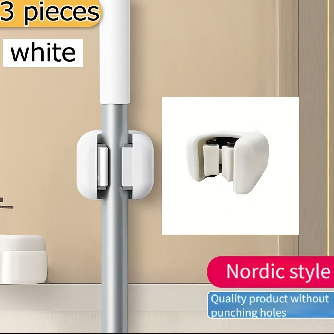 TEMU 3pcs Self-adhesive Mop & Broom Holder - No-drill Wall Mount Organizer For Kitchen, Bathroom - Durable White Plastic Storage Clips