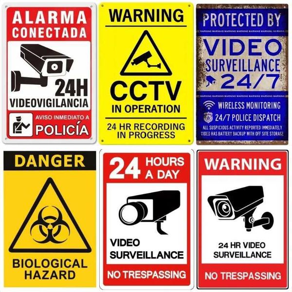 24-hour video surveillance Metal Tin Sign Plaque Security Warning Decorative Plates For Outdoors Man Cave Hotel Home Wall DecorXJ241010