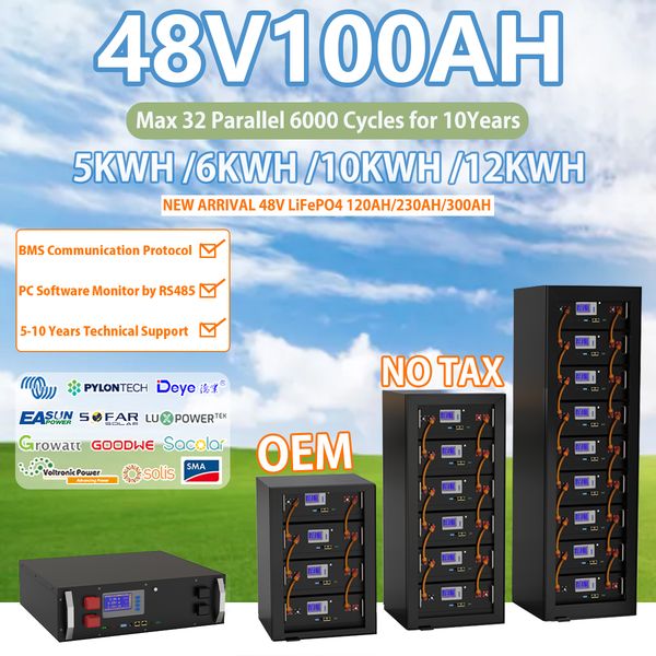 48V 100Ah 120Ah LiFePO4 Battery 6000 Cycle 16S 100A BMS 51.2V 5120Wh 6144Wh Max 32 Parallel PC Monitor Inverter Battery Free Tax