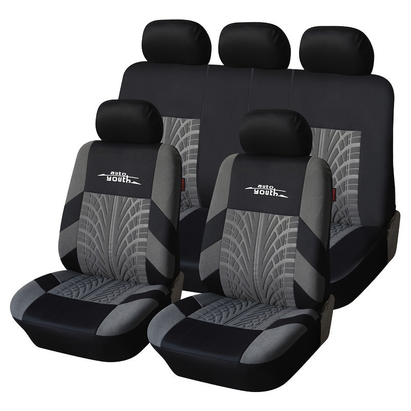TEMU 1 Set Seat Covers, 3d Tyre Print, Polyester Knit Fabric With Sponge Filler, Airbag Compatible, Quick Setup For Cars, Trucks, Suvs - Full Set