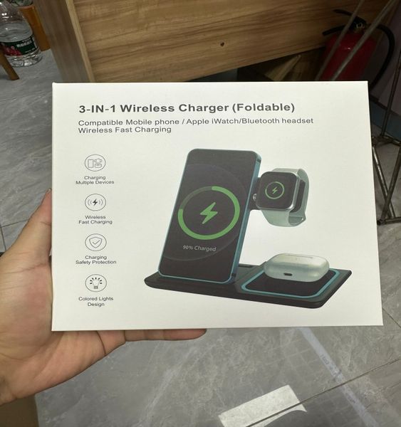 15W 3 in 1 Wireless Charging Charger Station Compatible for iPhone 14 13 12 Apple Watch AirPods Pro Qi Fast Quick Chargers for Cell Smart Mo