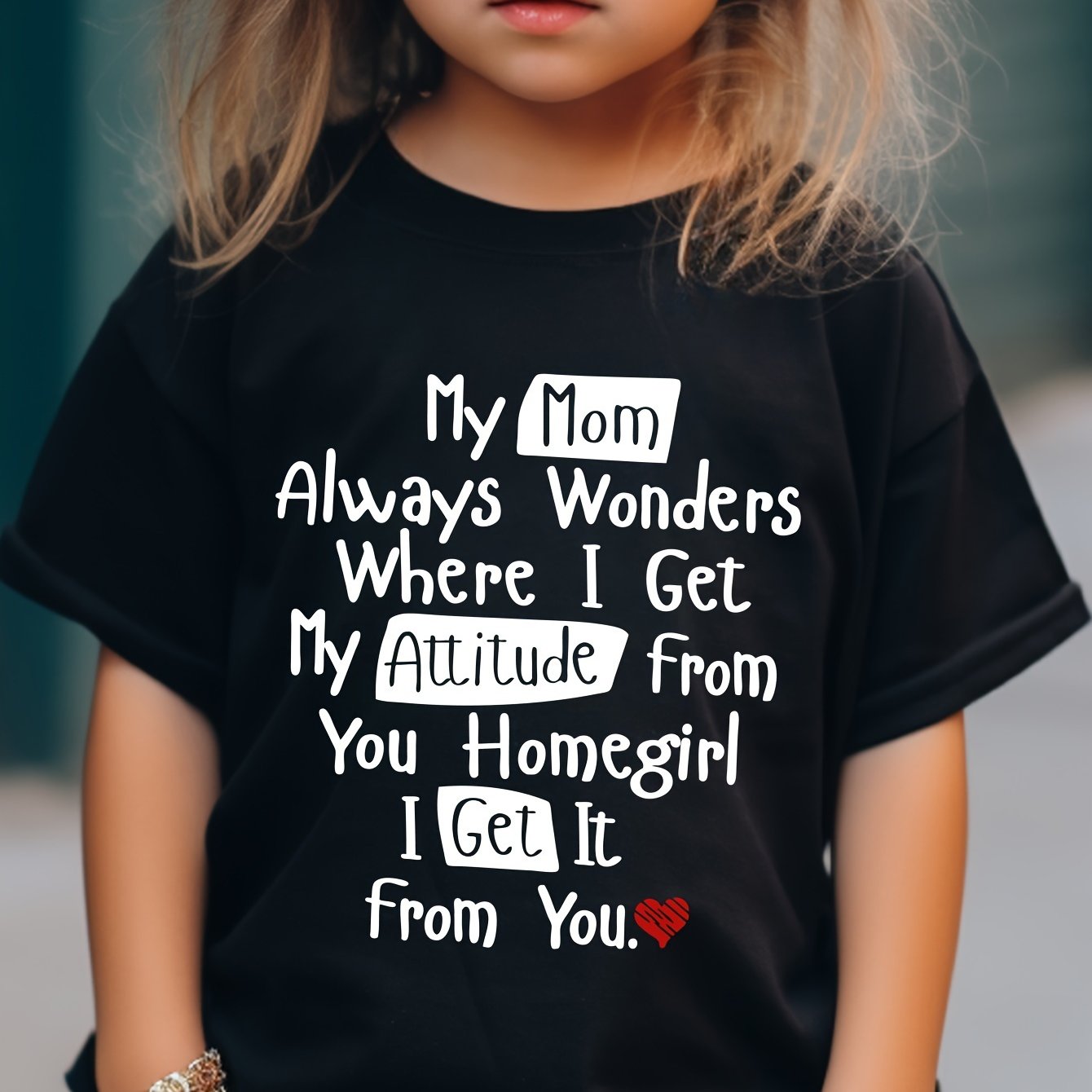 TEMU Soft Cotton Girls' Tee - ' Where I Get From' Fun Letter Print, Casual Round Neck Short Sleeve Shirt For Summer, Machine Washable, Black With