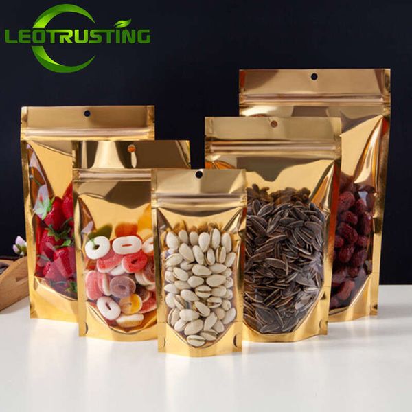 100Pcs Stand Up Clear Front Glossy Gold Zipper Packaging Bag Resealable Snack Corn Coffee Chocolate Dried Fruit Storage Pouches
